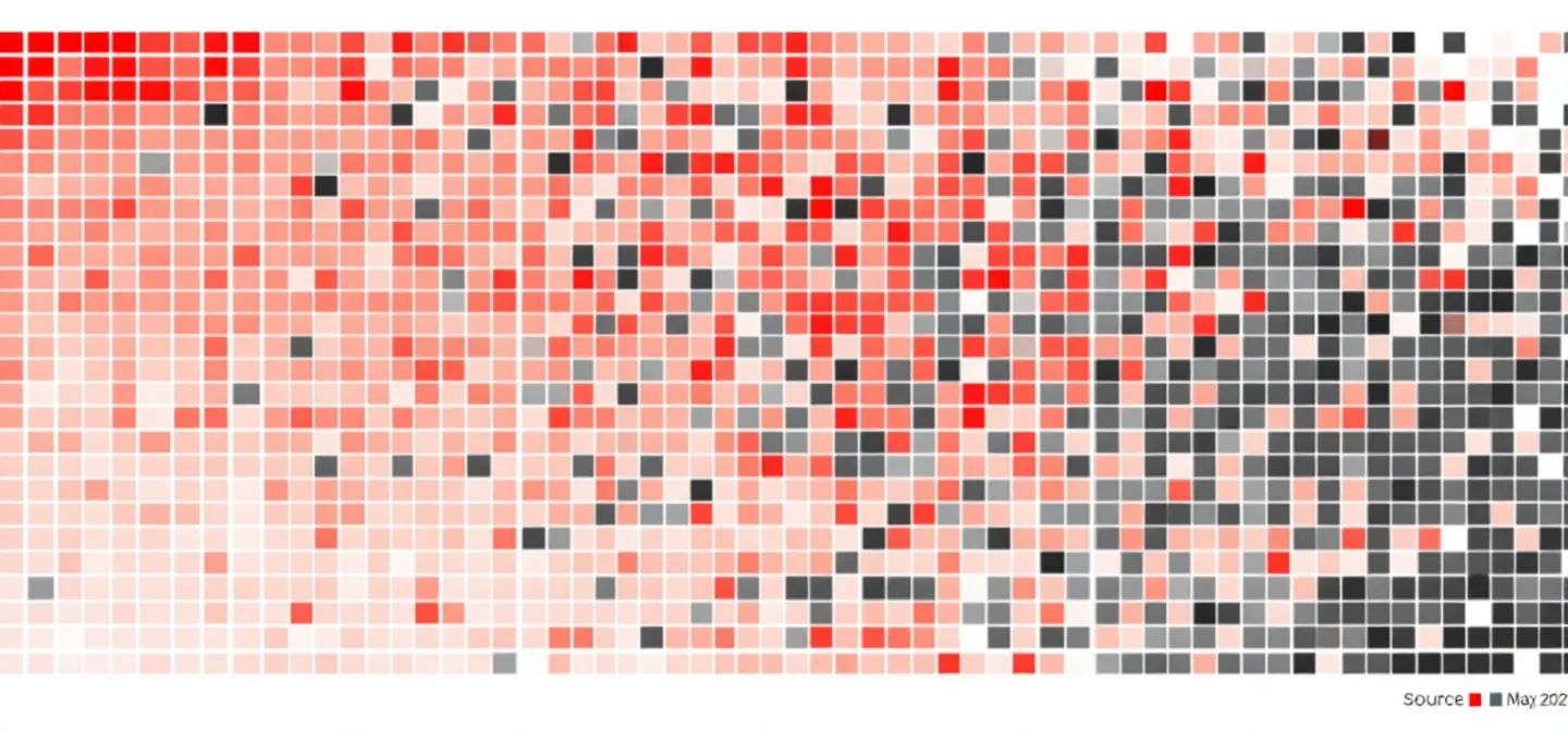 Dense matrix of approximately 200 inked-charcoal squares representing the public COA archive with a small handful of vermilion squares marking recent batches on a white magazine-feature ground