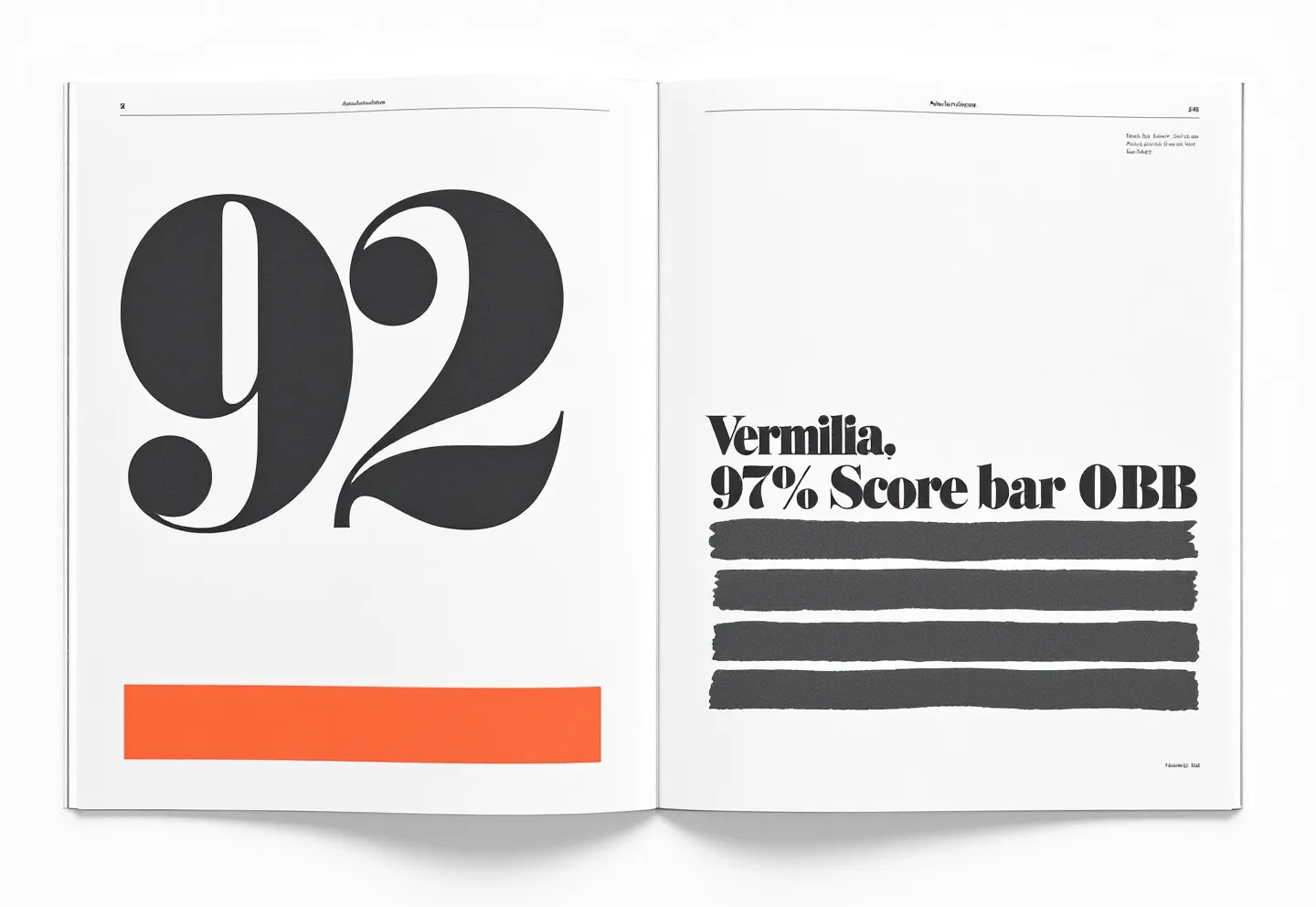 Oversized vermilion serif overall-rating numeral with a vermilion-fill score-bar beneath and four stacked inked-charcoal mini score-bars to the right on a white magazine-feature ground
