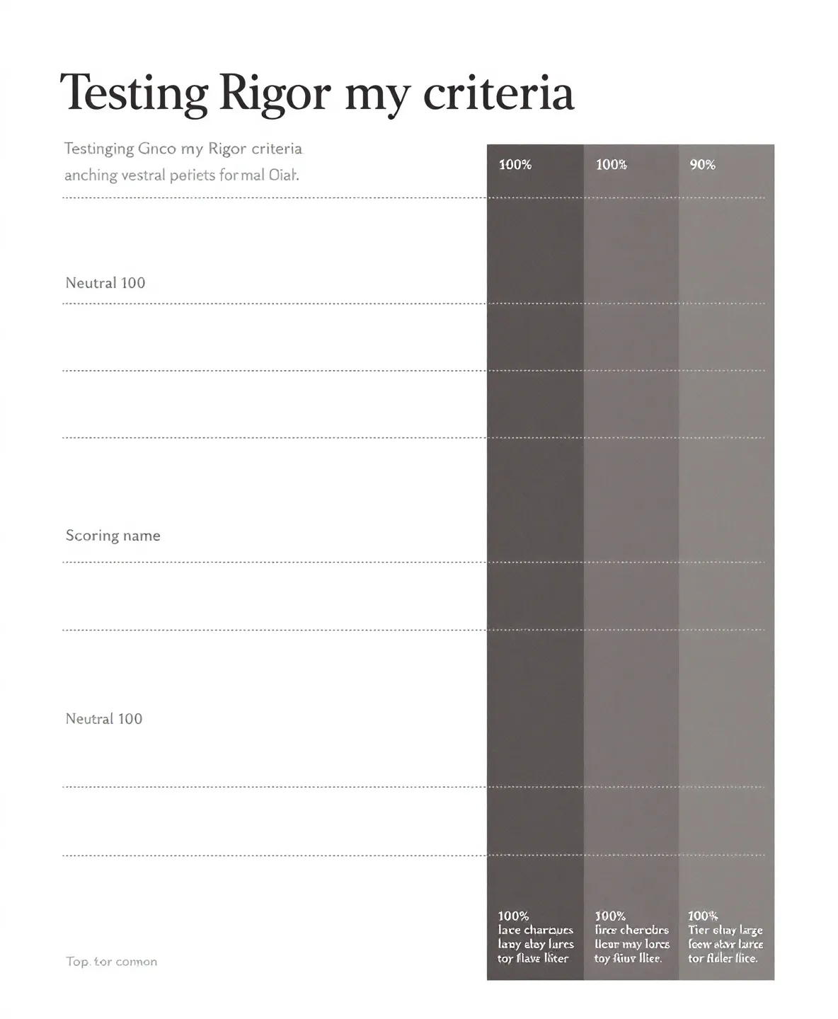 Five-row criterion-breakdown stack with inked-charcoal score-bars and an oversized chapter-numeral on a warm-paper magazine-feature ground